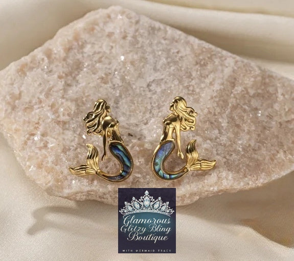 Abalone Shell 14K Gold Mermaid Stud Post Back Earring Titanium Stainless Steel