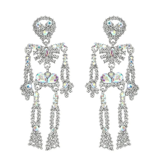 Halloween Skeleton Iridescent White Crystal Rhinestones  Earrings