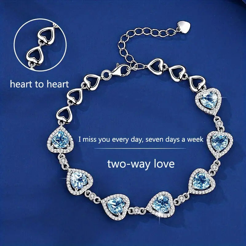 S925 💙Ocean Heart  💙  Blue Aquamarine Blue Topaz & White Cubic Zirconia Tennis  Bracelet