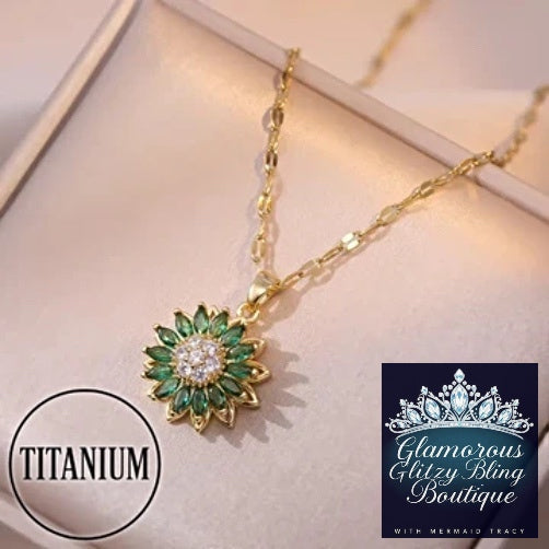 Emerald Green Cubic Zirconia Sunflower Spinning Wheel Necklace