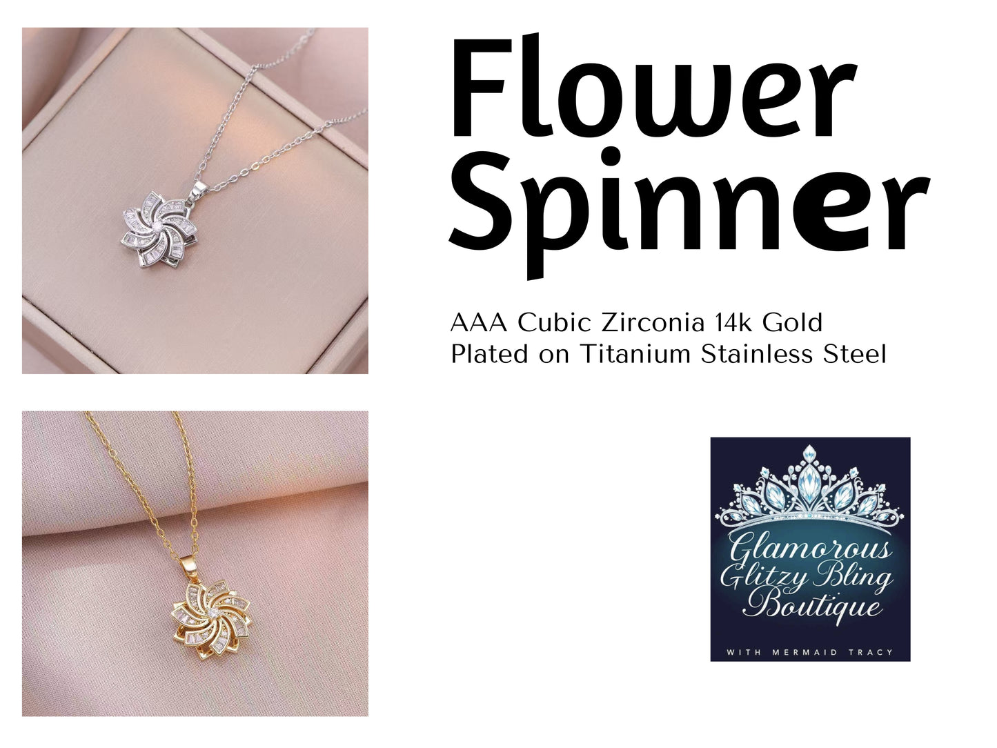 "Flower in Wind" Cubic Zirconia 18K Gold Spinner Titanium Stainless Steel Necklace