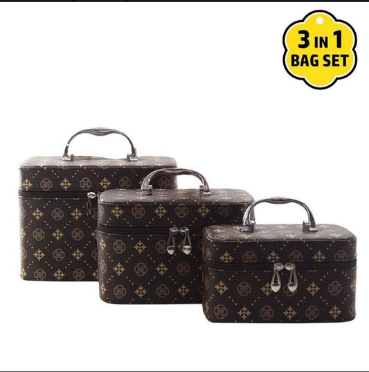 Luxury Cosmetic Case Bag Set 3 pieces Floral Print in  Brown