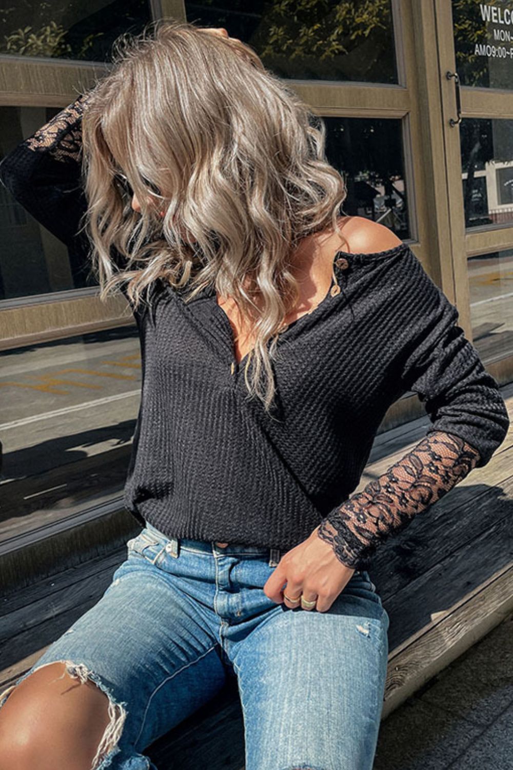 Ladies Top  Half Button Spliced Lace Waffle Knit