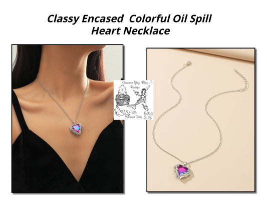Very Classy Encased Rainbow Colorful Oil Spill Heart Necklace