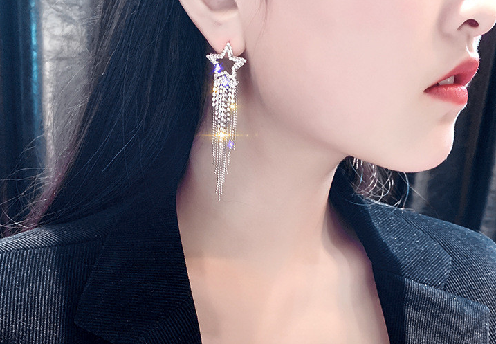 Long Tassel Star Crystal Earring Post back