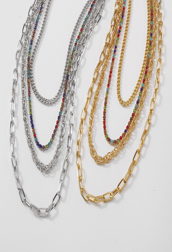 4- LAYER NECKLACE WITH MULTICOLOR ZIRC CRYSTAL LINK (PICK GOLD OR SILVER)