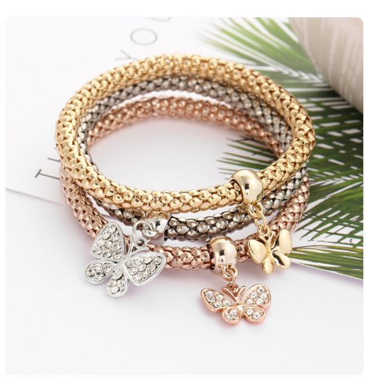 Butterfly Pendant Golden Beaded Bracelet Three color Stretch Set