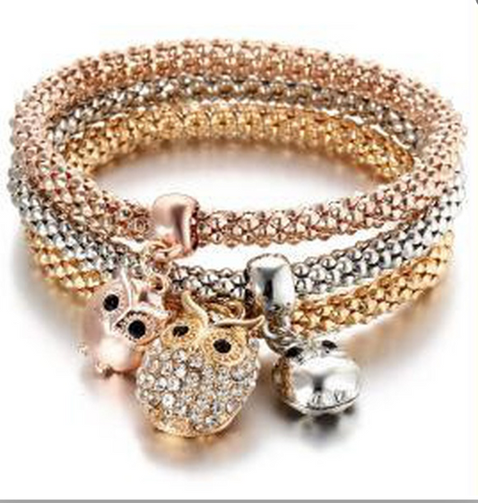 Owl Pendant Golden Beaded Bracelet Three color Stretch Set