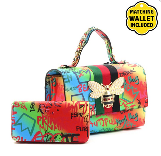 Fashion Luxury  Bumble bee Graffiti Rainbow Handbag and Wallet Set