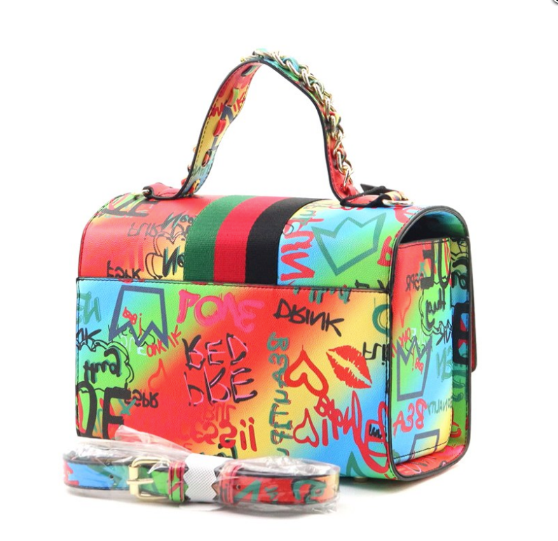 Fashion Luxury  Bumble bee Graffiti Rainbow Handbag and Wallet Set
