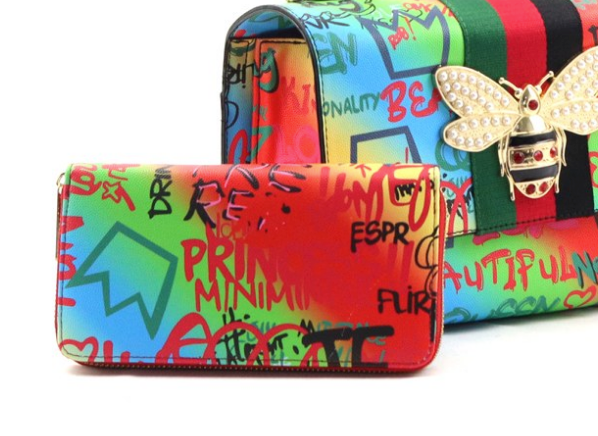 Fashion Luxury  Bumble bee Graffiti Rainbow Handbag and Wallet Set