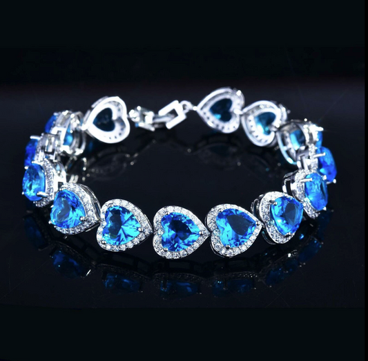 💙 Heart of the Ocean  💙  Blue Aquamarine Blue Topaz & White Cubic Zirconia Tennis  Bracelet