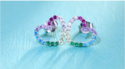 925 Sterling Silver Cubic Zirconia Rainbow Heart Stud  Earrings    ( Ladies, Teens and Girls)     ((  PREORDER  ))