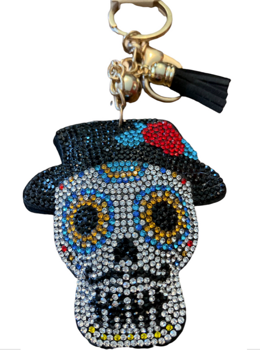 Crystal Avenue Fashion Jeweled ￼Skull Day of The Dead Key KeyChain  Ring Chain Tassel