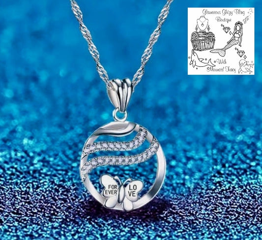 EM  18k White Gold Plated  CZ  Diamond Butterfly  Necklace