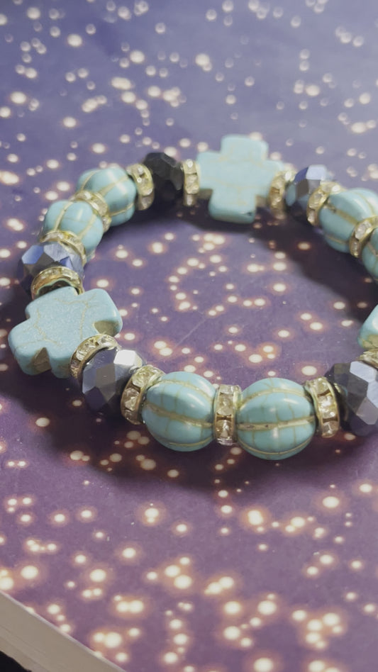 Cross Blue Turquoise Crackle  Stone Stretch   Bracelet