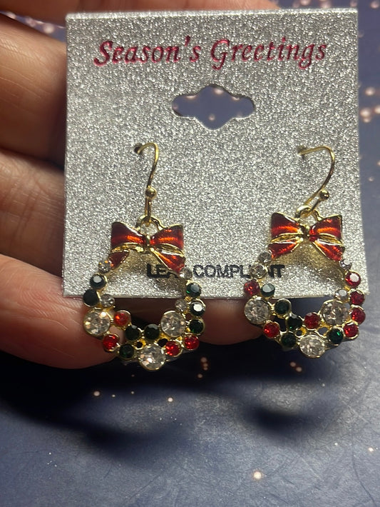 Multicolor Christmas Wreath Bow with White Crystals Christmas  Earrings   🔥  SALE  🔥